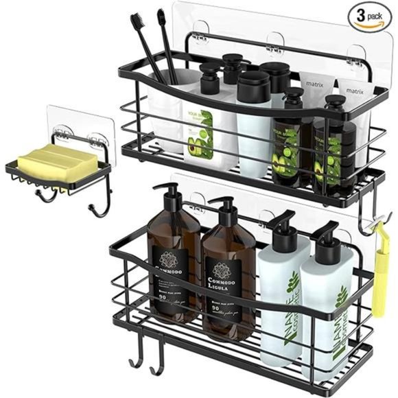 Adhesive Shower Caddy Basket Shelf with 4 Hooks for Shampoo Soap Dish Holder - Picture 7 of 7